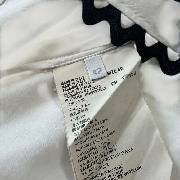 Prada Crisp White Poplin Tailored Ruffle Blue Navy Trim Shirt, 42/6 - Picture 5 of 11